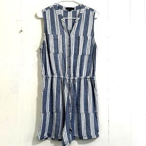 Kelly Renee Sleeveless Linen Rayon Romper Women's Size L Blue White Striped